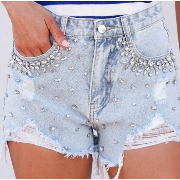 Ripped Wide-Leg Denim Shorts With Rhinestones High Waist, Large